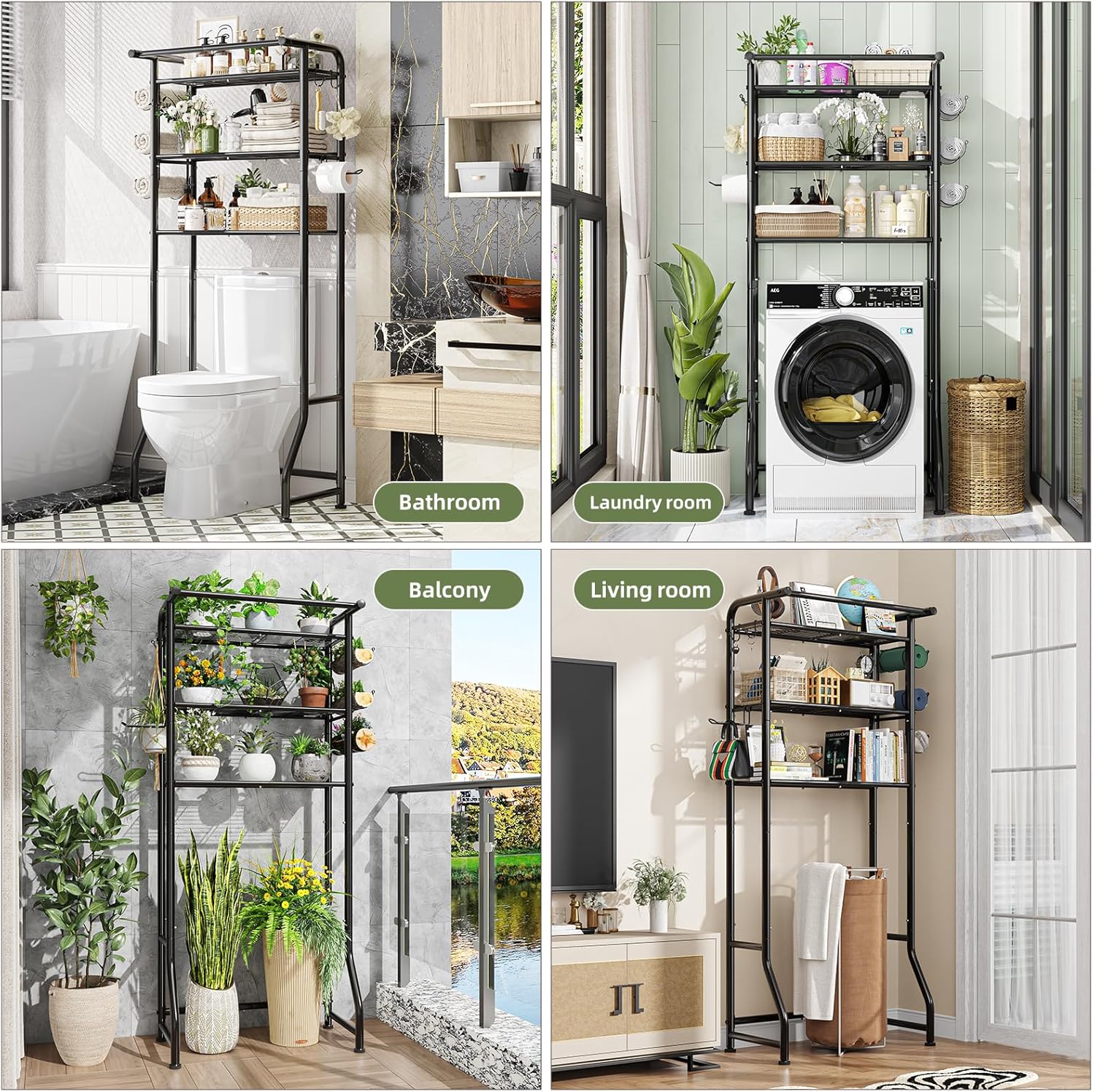 3-Tier Over Toilet Storage Shelf, Metal Bathroom Organizer with Hooks & Paper Holder - Image 3