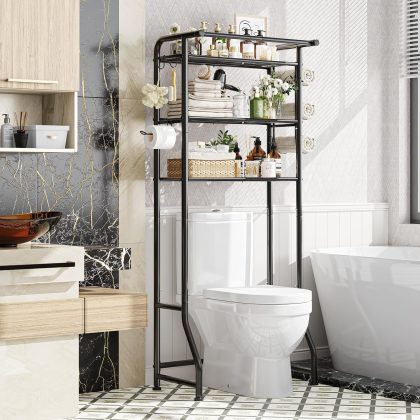 3-Tier Over Toilet Storage Shelf, Metal Bathroom Organizer with Hooks & Paper Holder