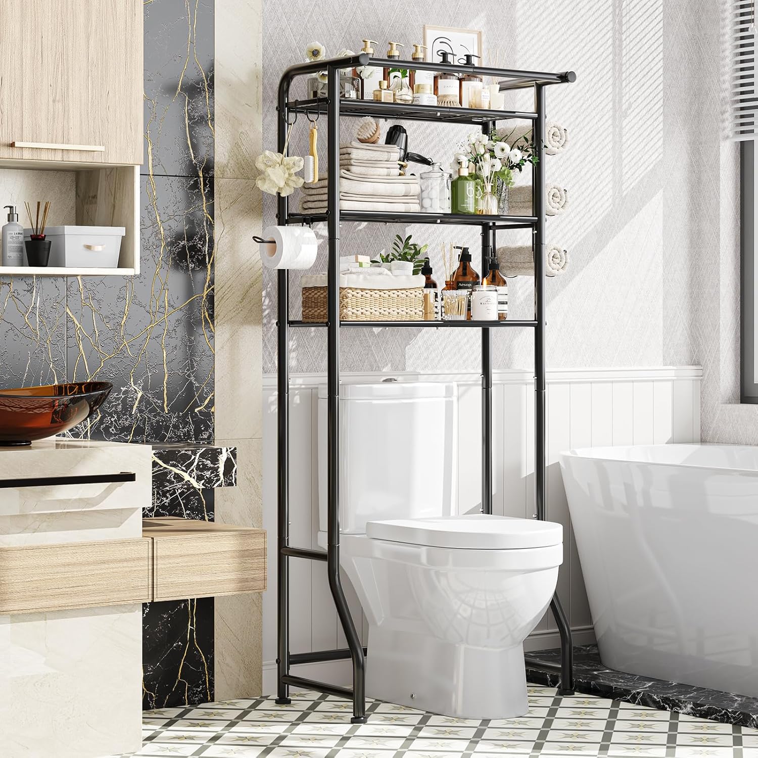 3-Tier Over Toilet Storage Shelf, Metal Bathroom Organizer with Hooks & Paper Holder