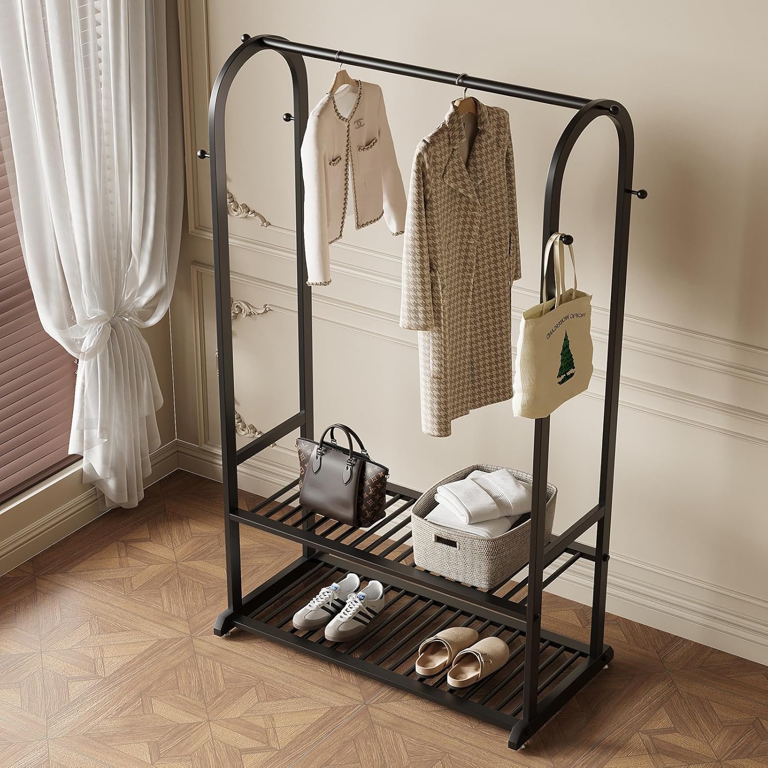 Black Metal Garment Rack with Bottom Shelf & 6 Hooks, Freestanding Clothing Rack for Bedroom/Closet - Image 7