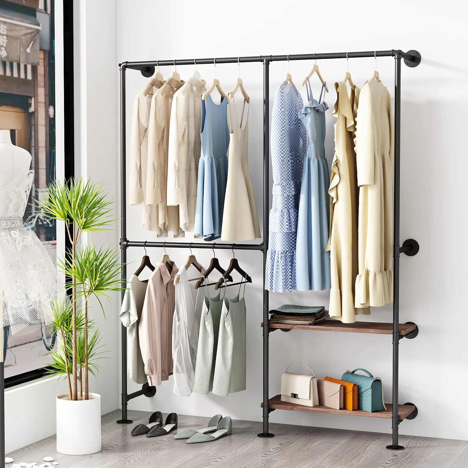 Industrial Pipe Wall Mounted Clothes Rack, Double Hanging Rod with Shelf for Closet & Bedroom Storage - Image 6
