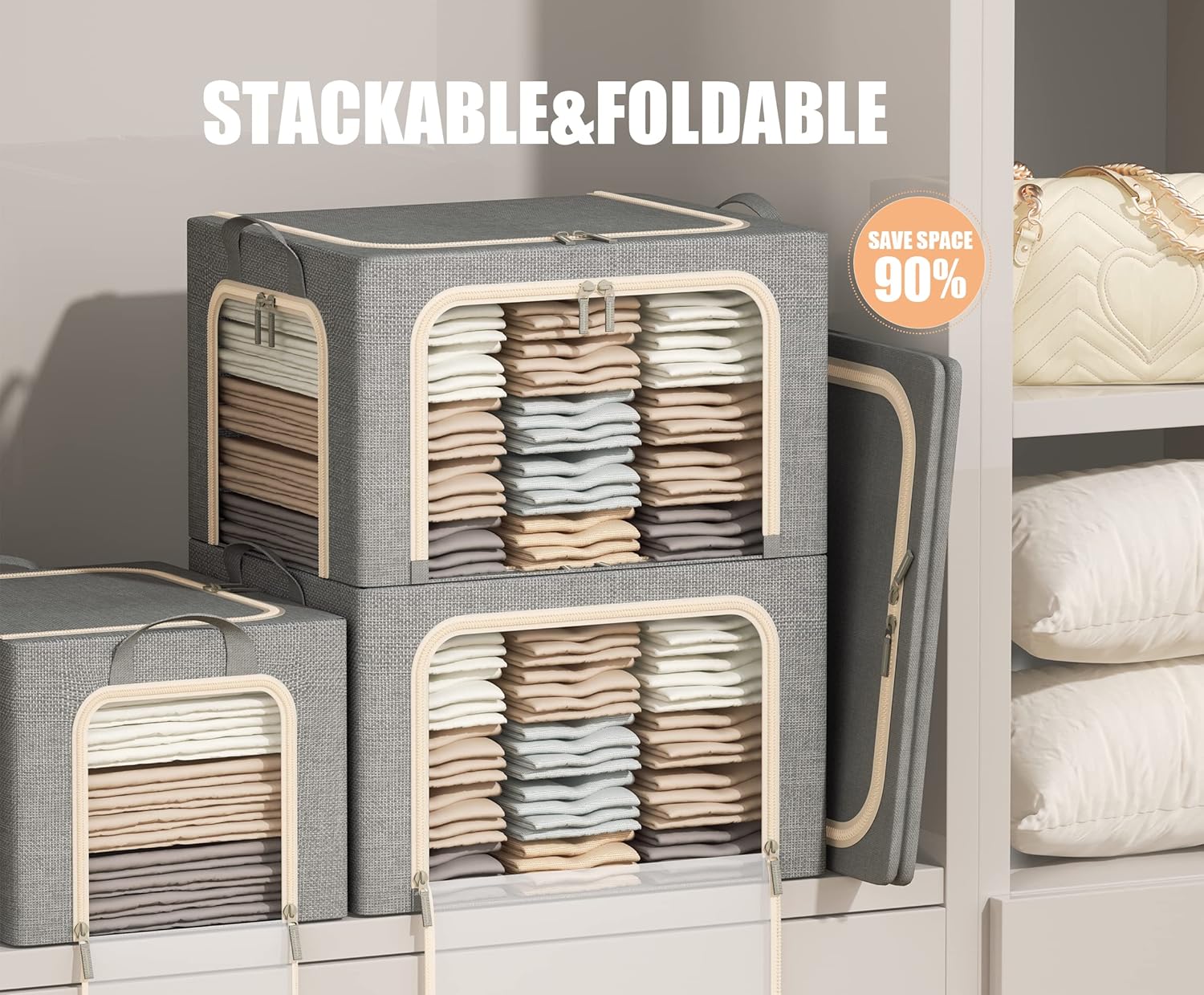 3Pcs 40L Foldable Storage Bins with Lid, Window & Zipper for Clothes Organizing - Image 2