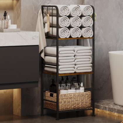 3-Tier Freestanding Metal Towel Rack, M-shaped Detachable Divider Bathroom Storage Shelf