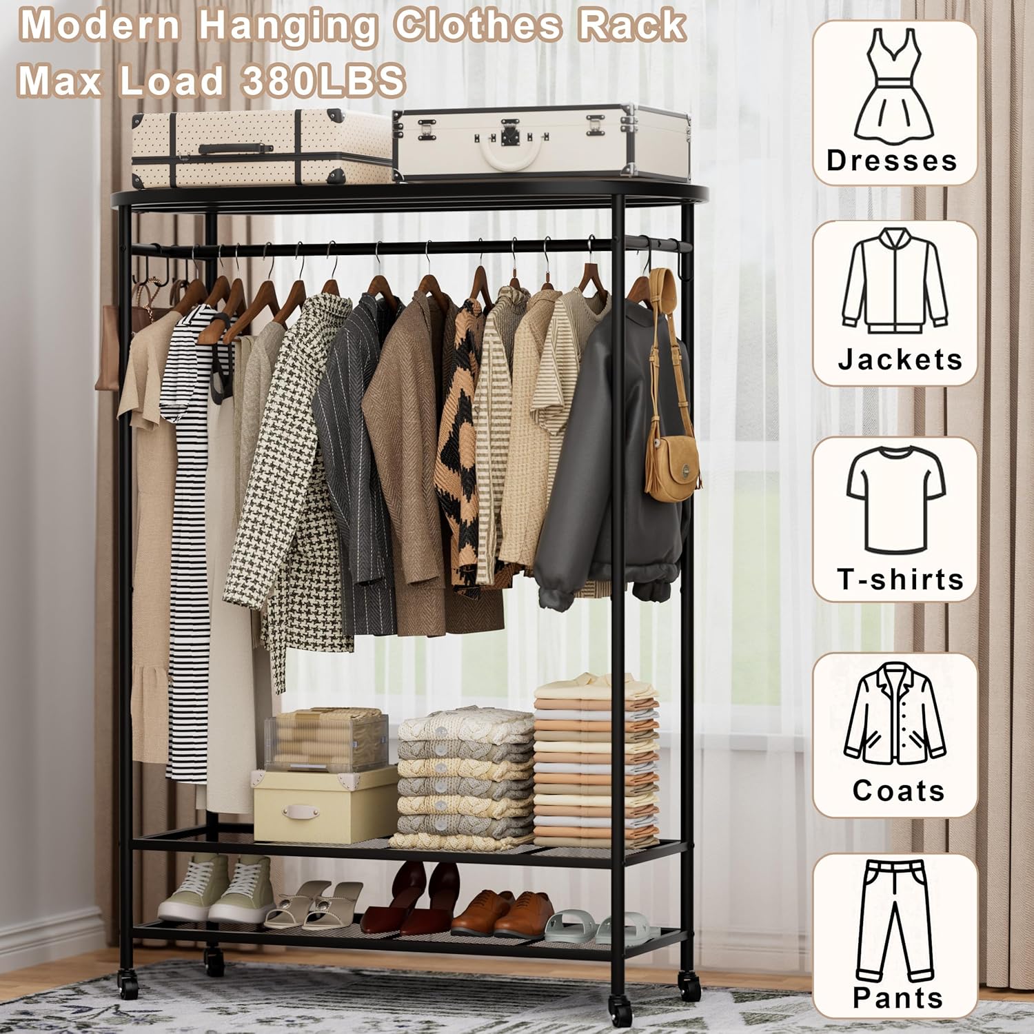 Portable Rolling Garment Rack with Cover, Wheeled Clothes Organizer with Side Hooks, 380LBS Load Capacity - Image 4