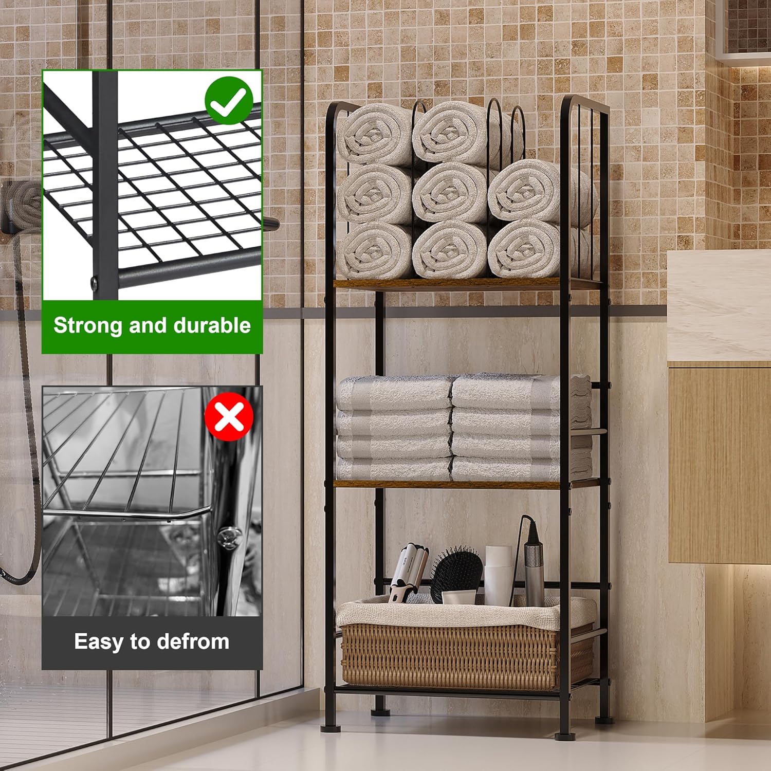 3-Tier Freestanding Metal Towel Rack, Detachable M-shaped Divider Bathroom Storage Shelf - Image 4