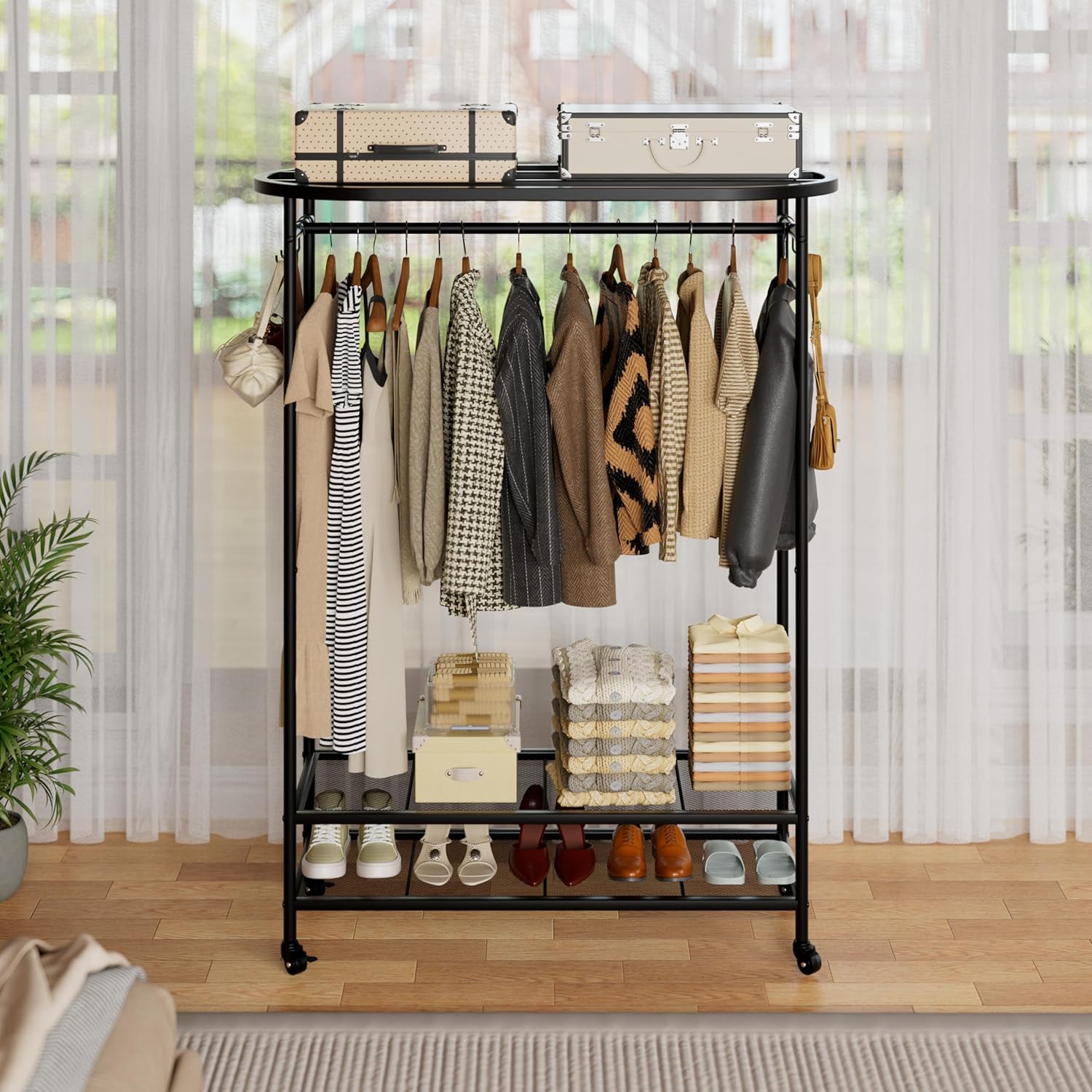 Portable Rolling Garment Rack with Cover, Wheeled Clothes Organizer with Side Hooks, 380LBS Load Capacity - Image 8