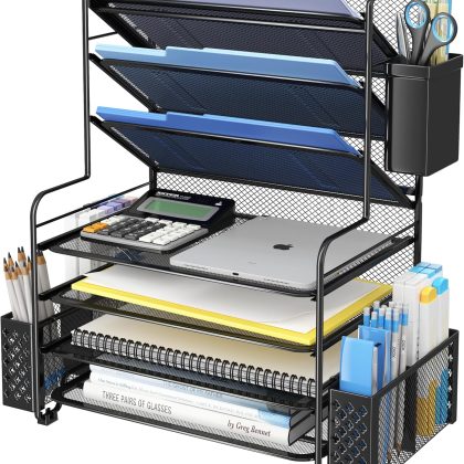 7-Tier Desk File Organizer with Pen Holder & Hanging Basket