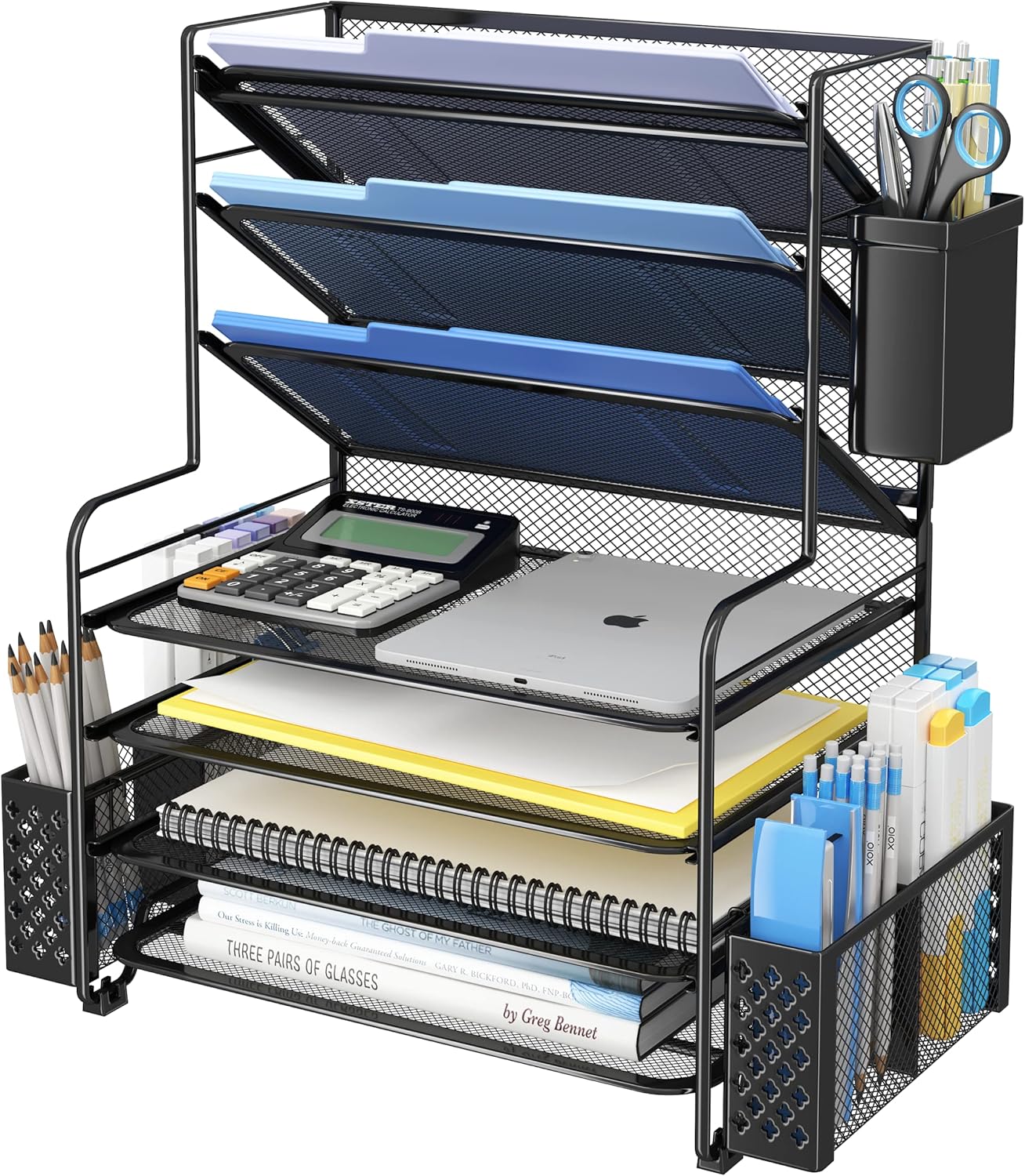 7-Tier Desk File Organizer with Pen Holder & Hanging Basket