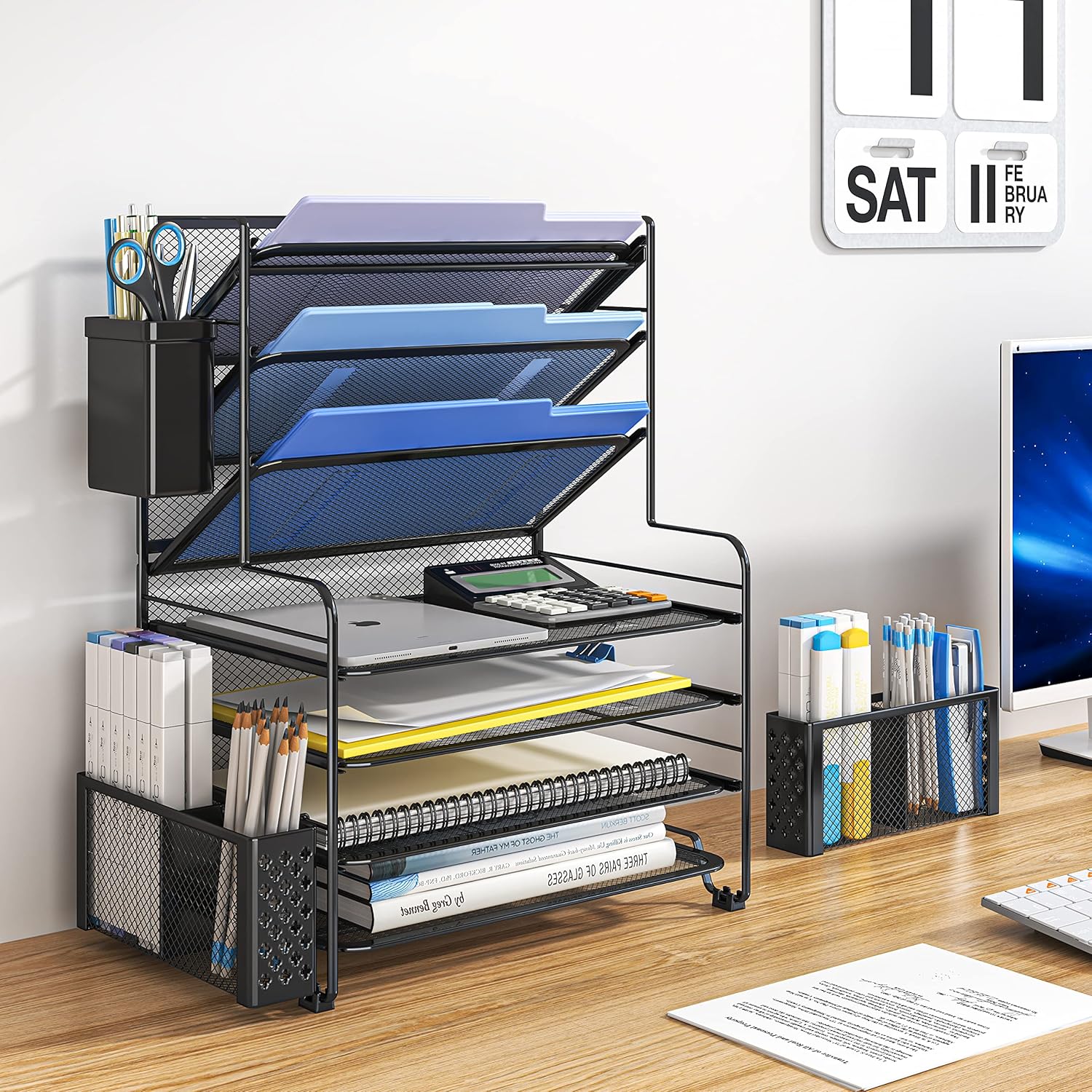 7-Tier Desk File Organizer with Pen Holder & Hanging Basket - Image 2