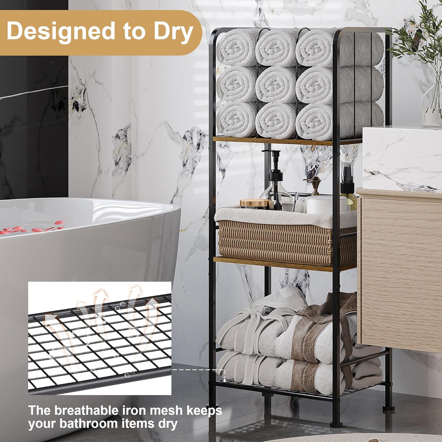 3-Tier Freestanding Metal Towel Rack, Detachable M-shaped Divider Bathroom Storage Shelf - Image 3