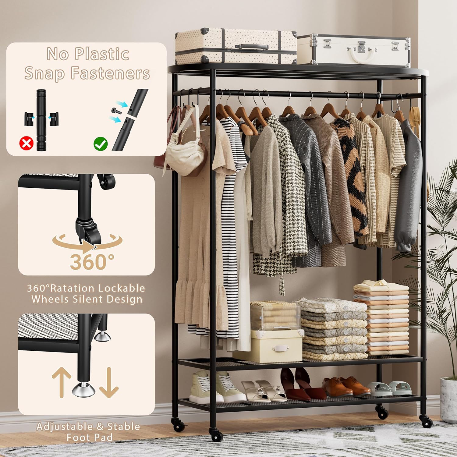 Portable Rolling Garment Rack with Cover, Wheeled Clothes Organizer with Side Hooks, 380LBS Load Capacity - Image 5