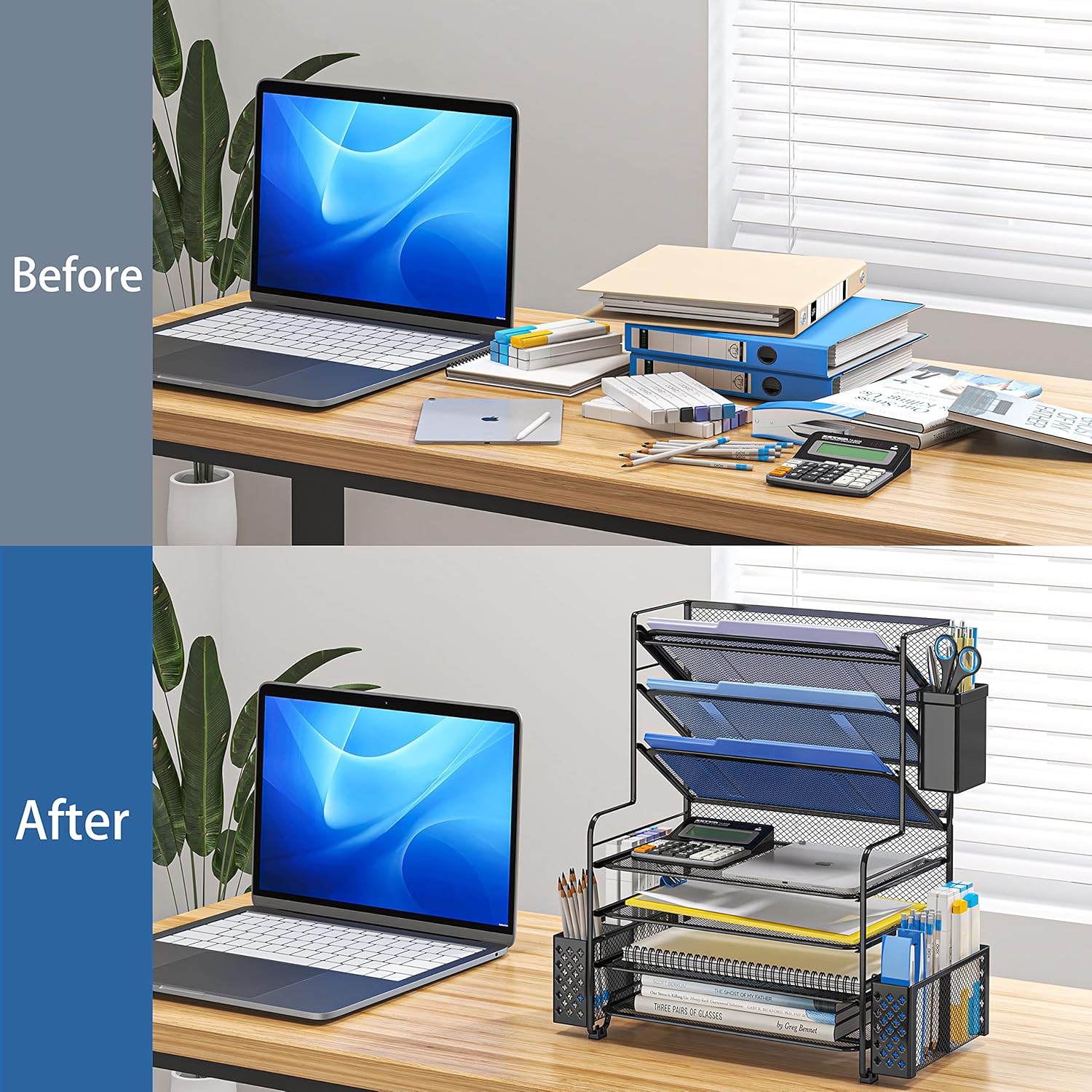 7-Tier Desk File Organizer with Pen Holder & Hanging Basket - Image 3
