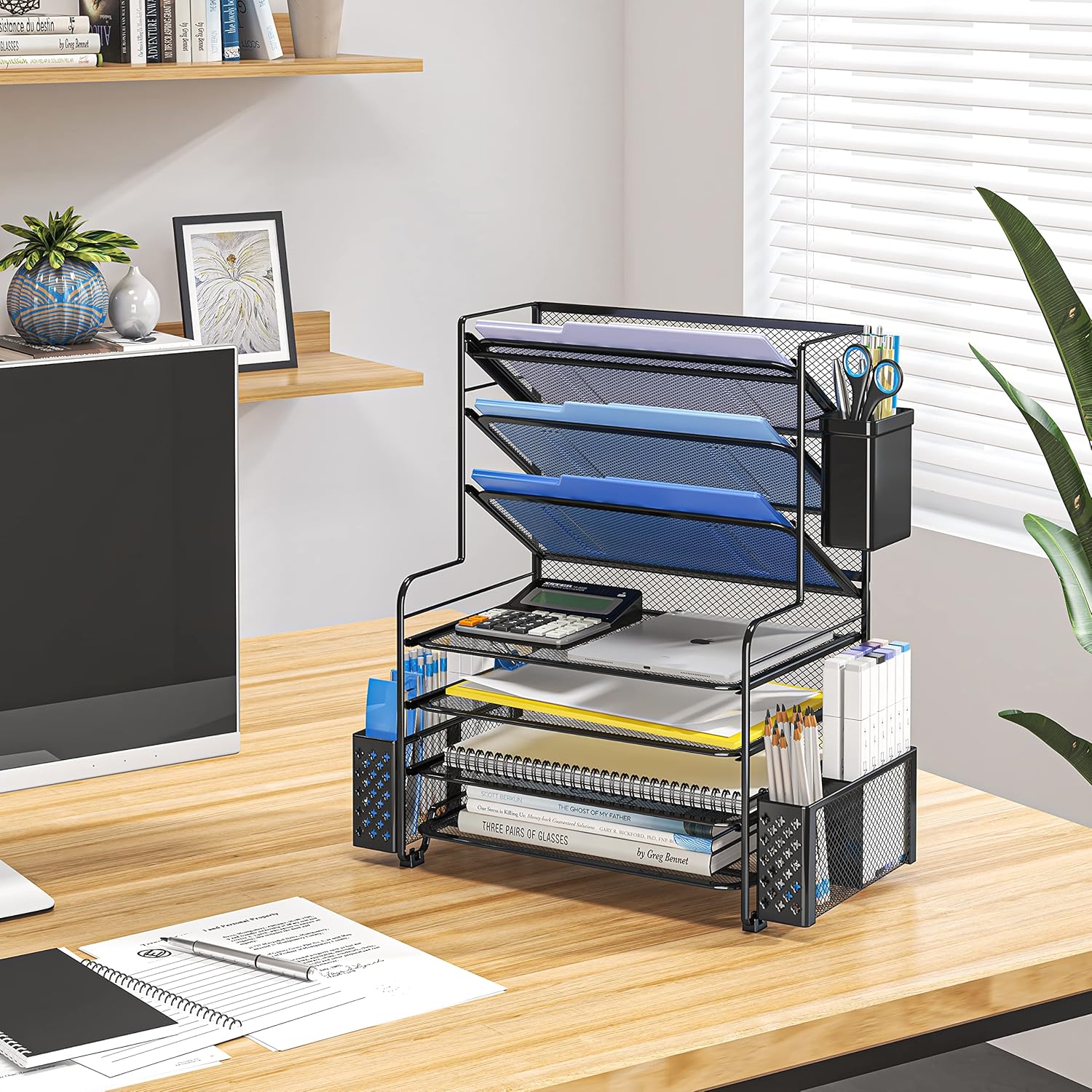 7-Tier Desk File Organizer with Pen Holder & Hanging Basket - Image 4